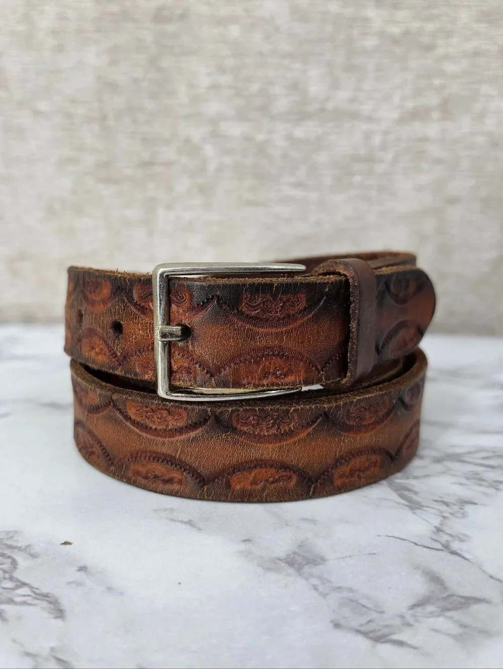 Vintage Tooled Brown Leather Belt with Silver Buckle VERY WORN